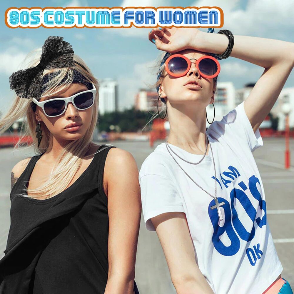 7648 80s Costume Outfit 1980s Headband Fishnet Off Shoulder - Picture 6 of 7